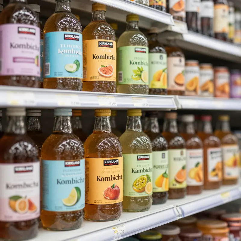Kirkland Kombucha on display, attracting health-conscious consumers.