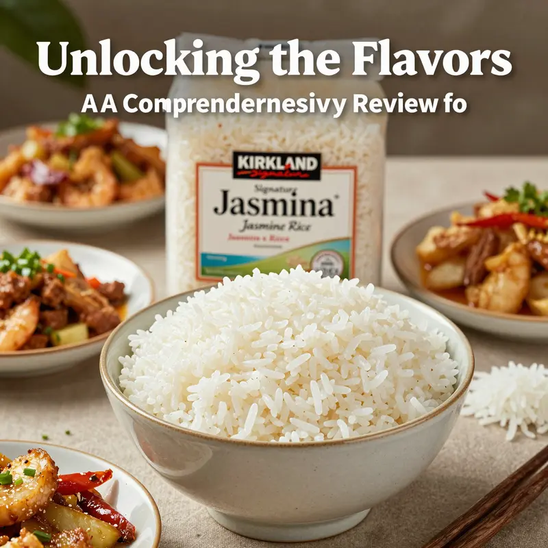 Bowl of Kirkland Signature Jasmine Rice surrounded by assorted Asian dishes on a vibrant table.