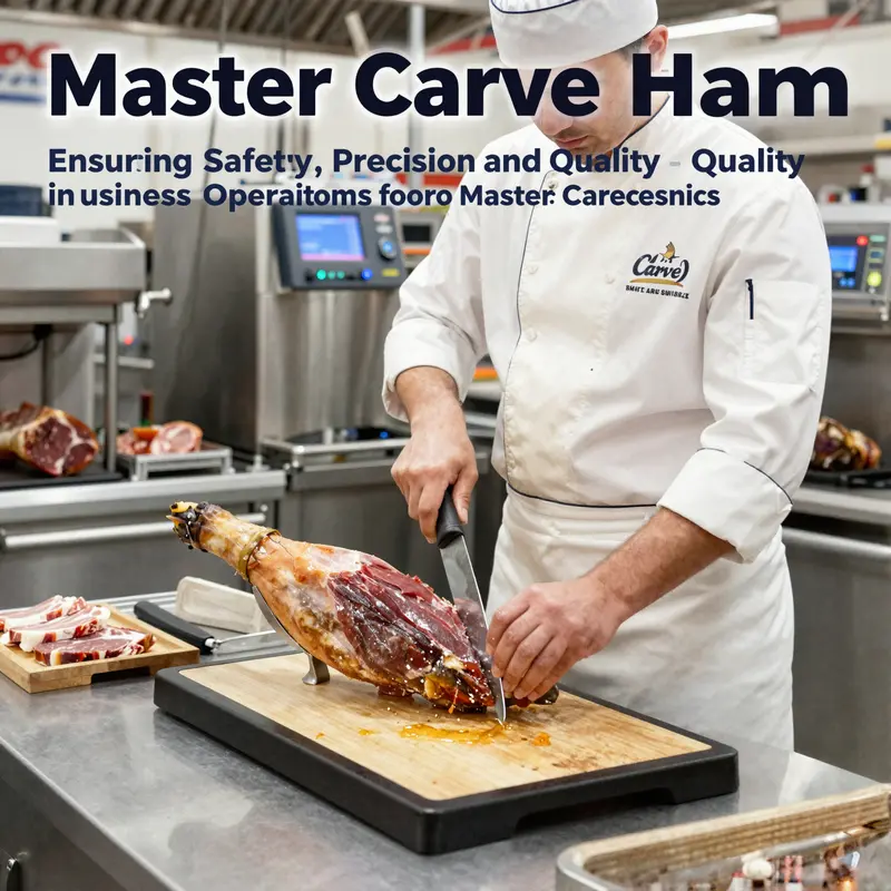 Chef slicing Master Carve Ham in a professional kitchen with industrial meat processing equipment and Costco store visible in the background.