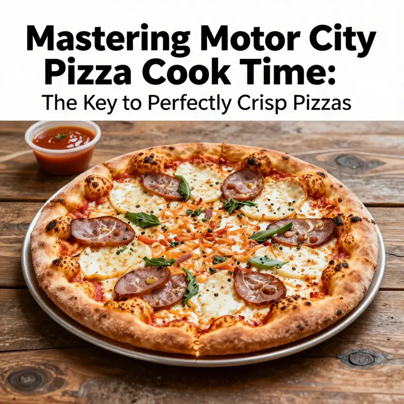 An appetizing Motor City Pizza on a rustic wooden table with fresh toppings and dipping sauce.