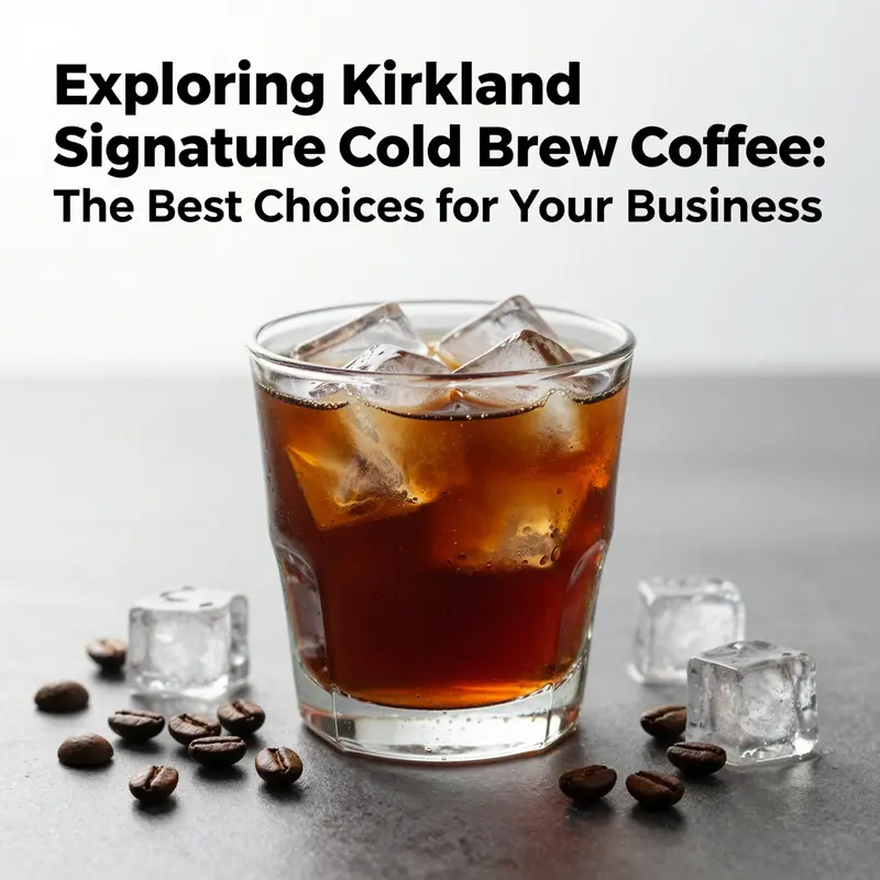 A glass of cold brew coffee filled with ice and surrounded by coffee beans.