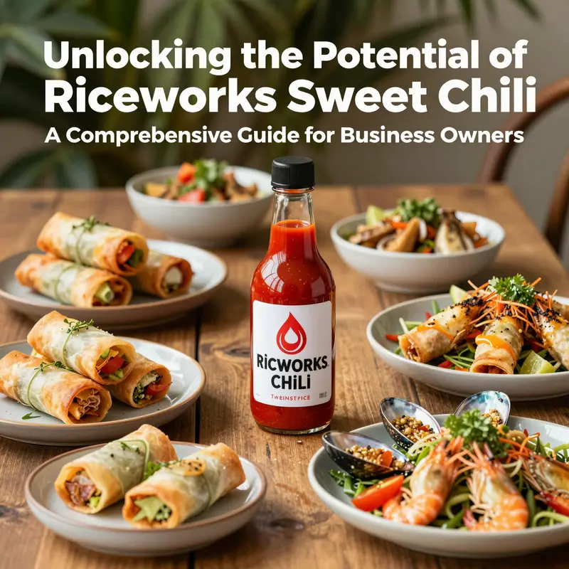 A top-down view of a dining table with Riceworks Sweet Chili sauce surrounded by spring rolls, grilled seafood, and salad under warm natural light.