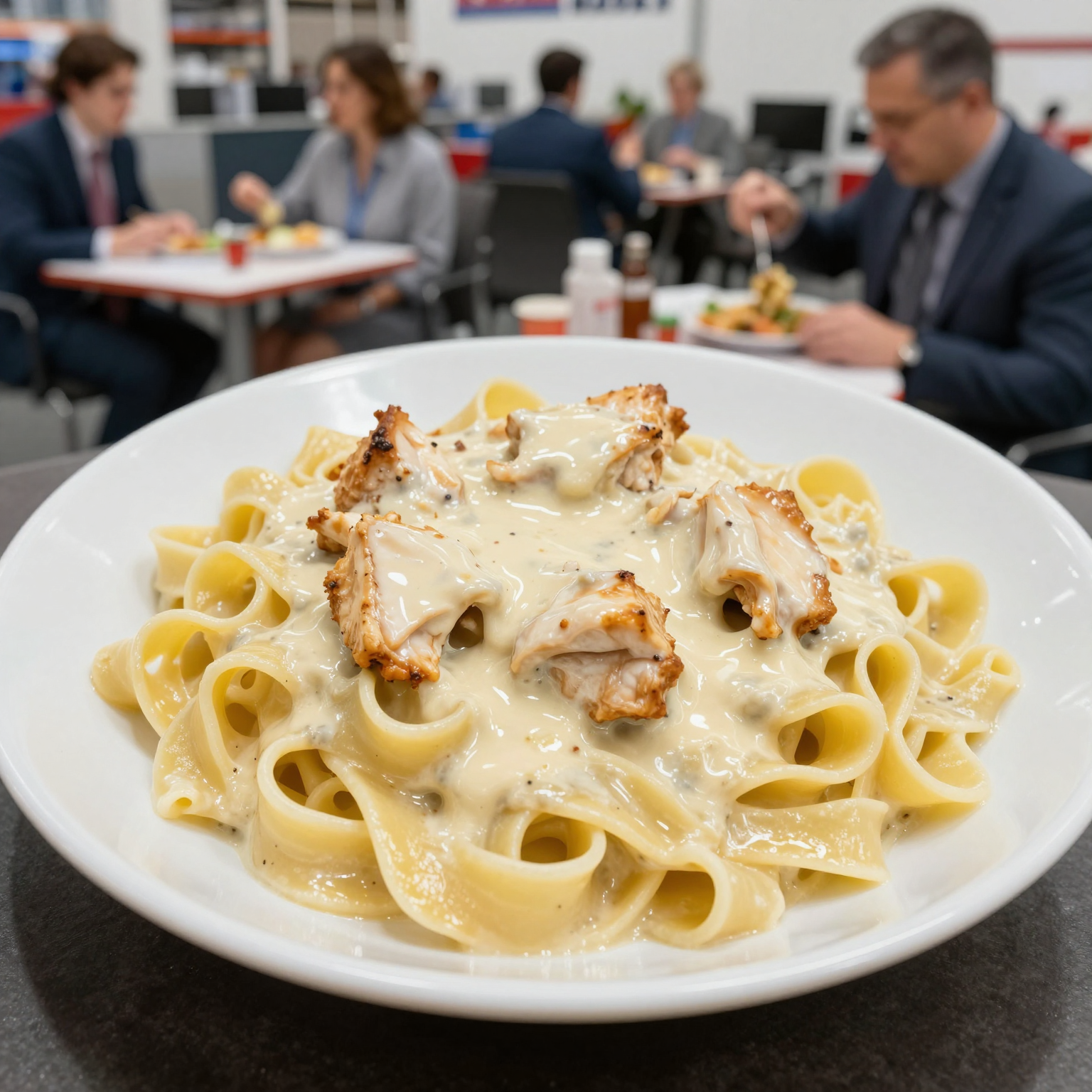 Plate of Costco's Chicken Alfredo with fettuccine pasta in a creamy sauce, enjoyed by professionals in a busy office setting.