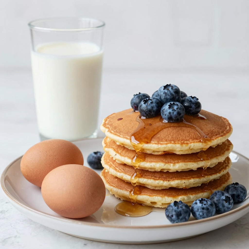 A plate of Kodiak Cakes served with milk and eggs