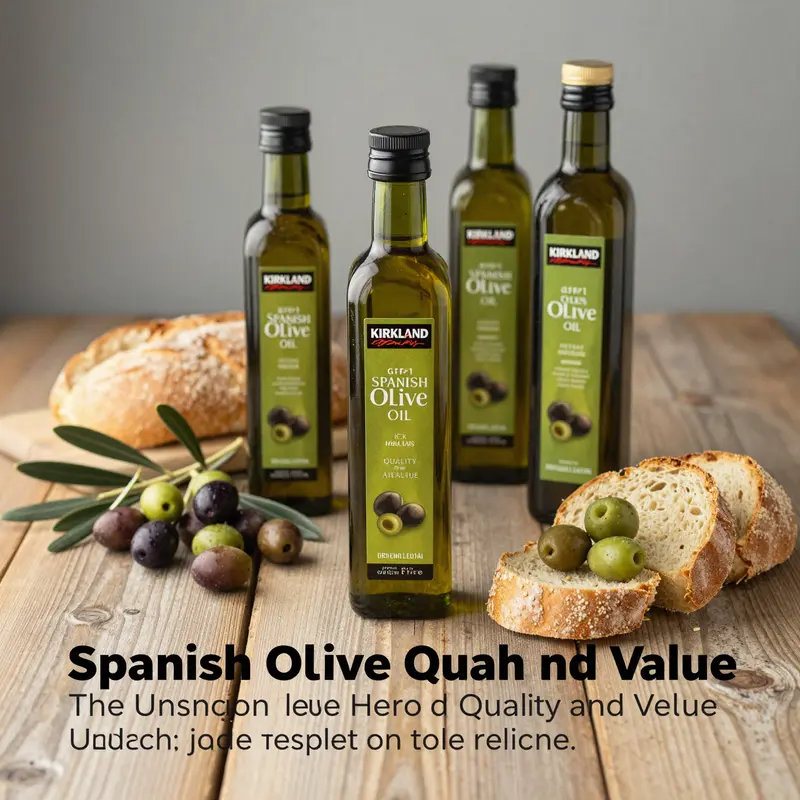 An appealing arrangement featuring bottles of Kirkland Olive Oil accompanied by fresh olives and crusty bread, showcasing the product's culinary application.