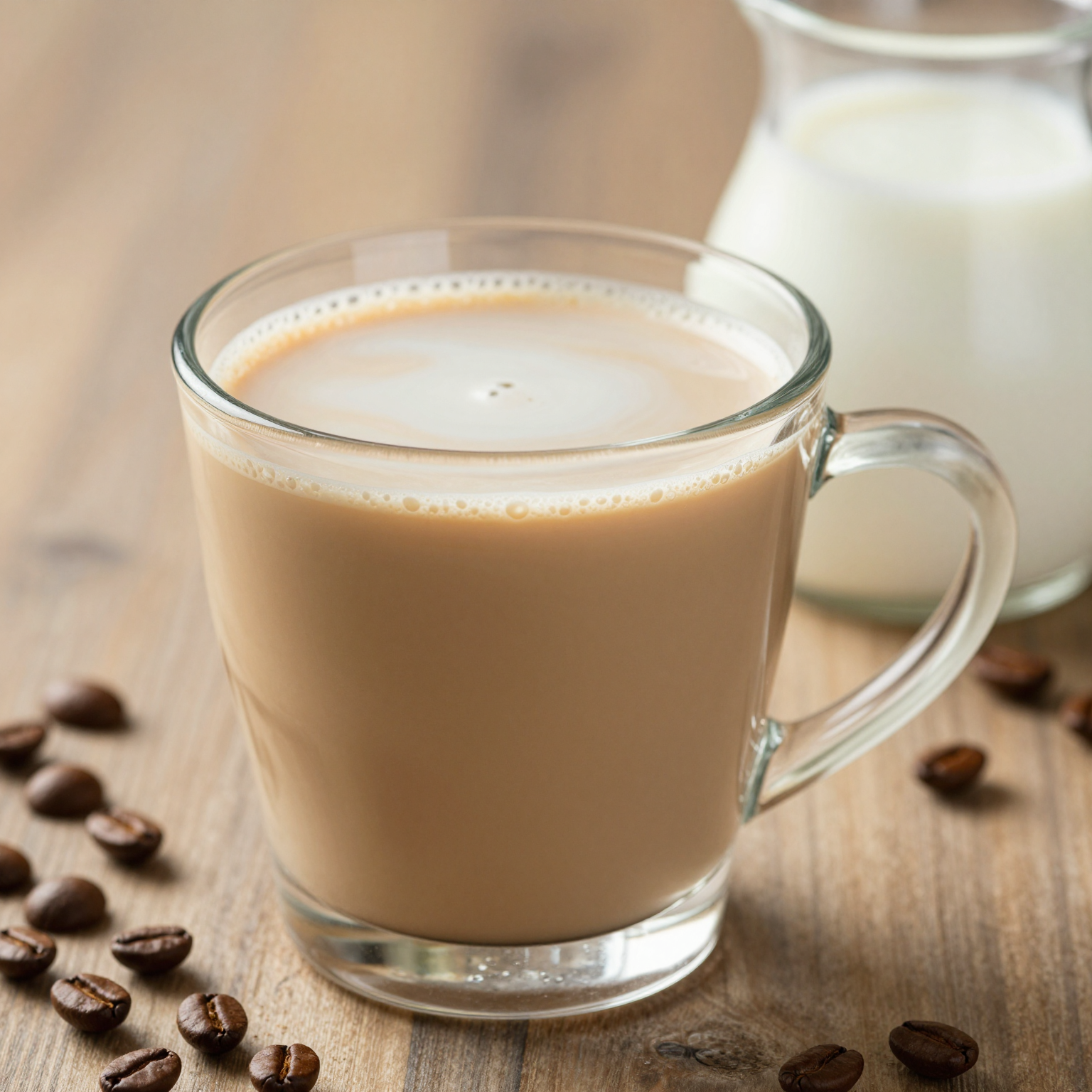 A cup of coffee milk with coffee beans and a milk jug in the background, showcasing its creamy texture.