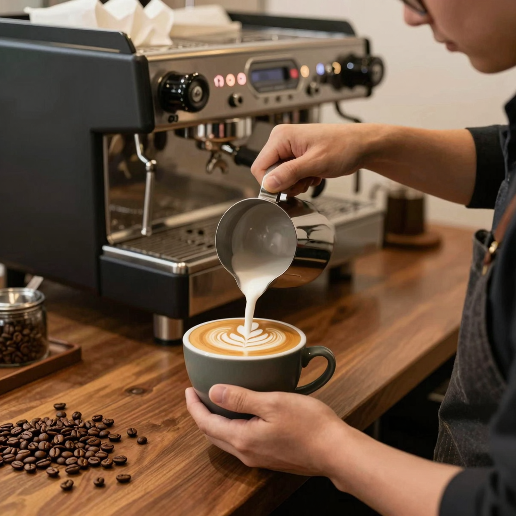 Barista pouring latte art at coffee shop counter