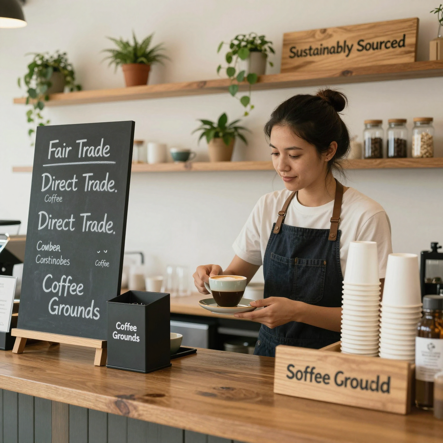 Sustainable coffee shop with fair trade signage, reusable cups, and compost bins