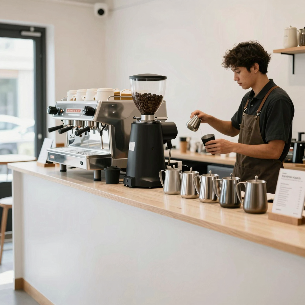 Optimized espresso bar layout showing the work triangle between espresso machine, grinder, and milk station
