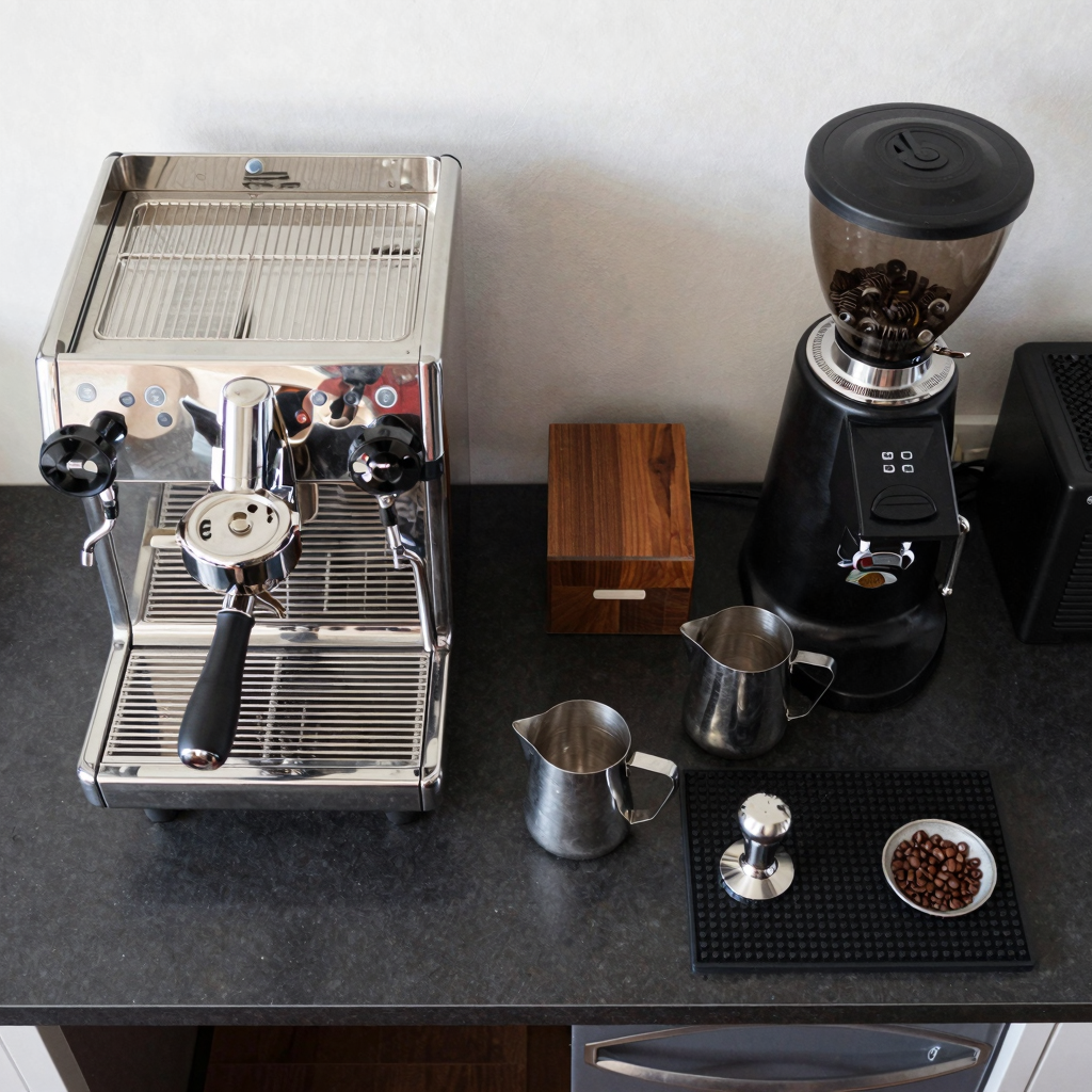 Top-down view of a professional espresso station layout