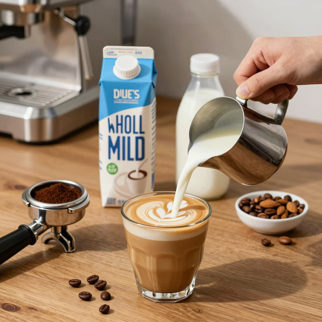 Espresso and milk ingredients on a coffee shop counter