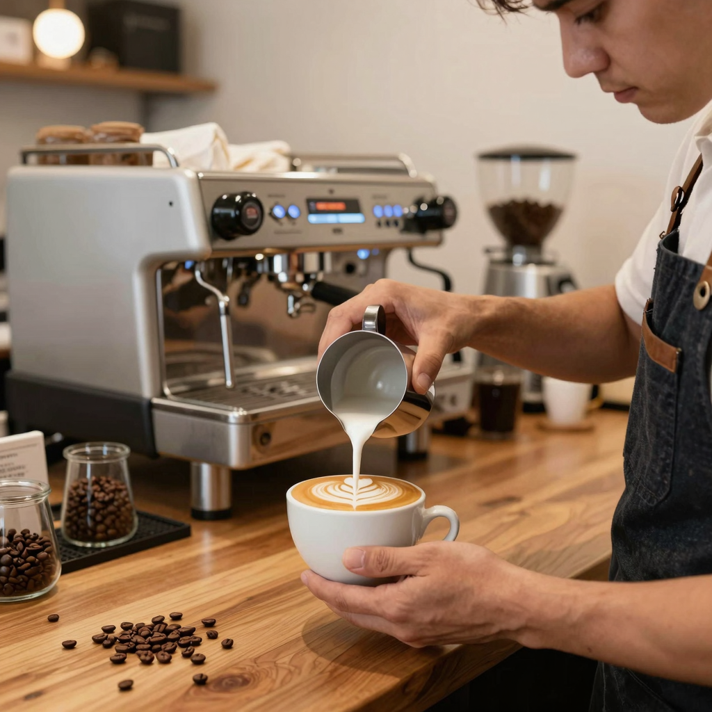 A barista skillfully pouring steamed milk over espresso to create latte art in a premium coffee shop setting