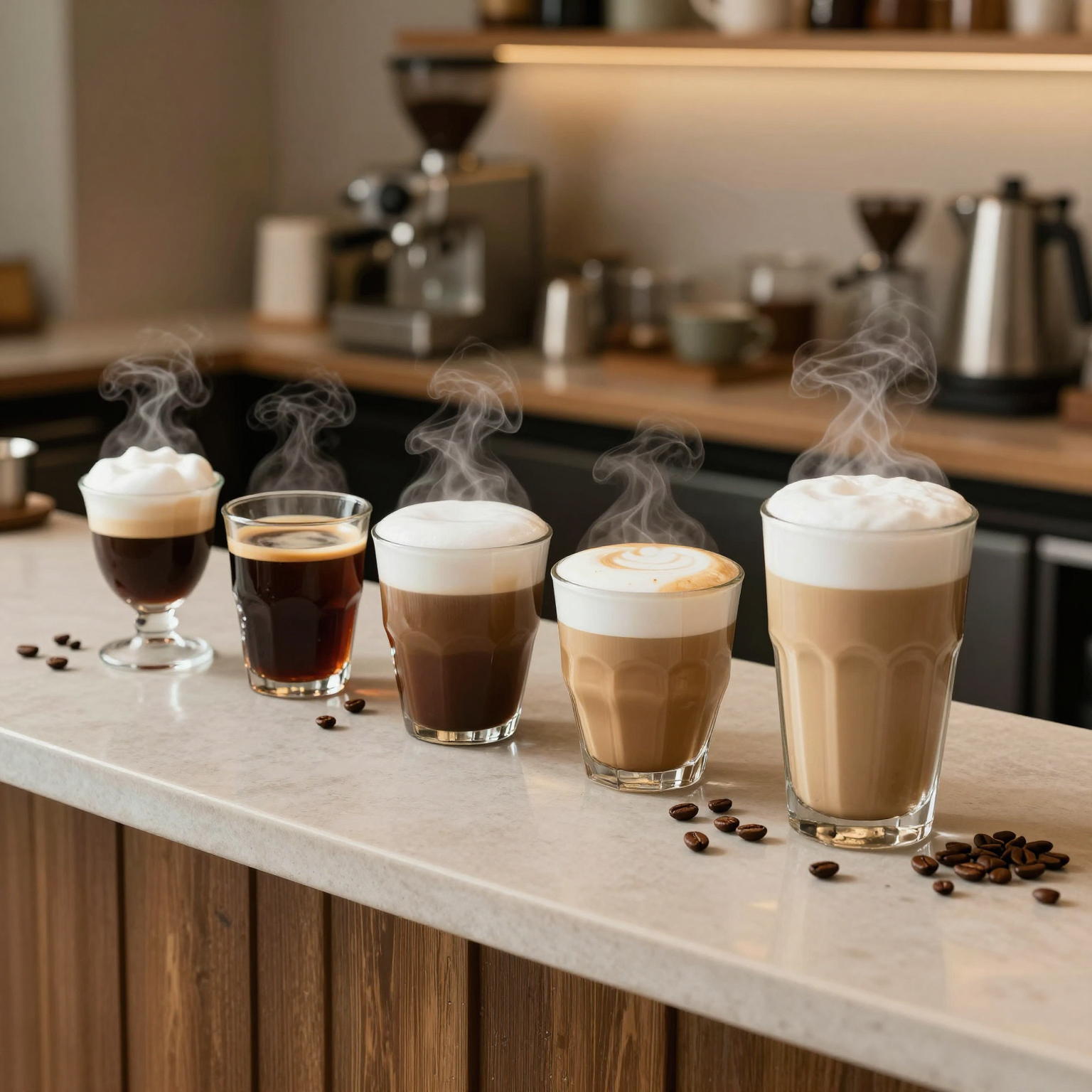 Five espresso-milk drinks lined up on a coffee shop counter: Espresso Macchiato, Cortado, Cappuccino, Flat White, and Latte