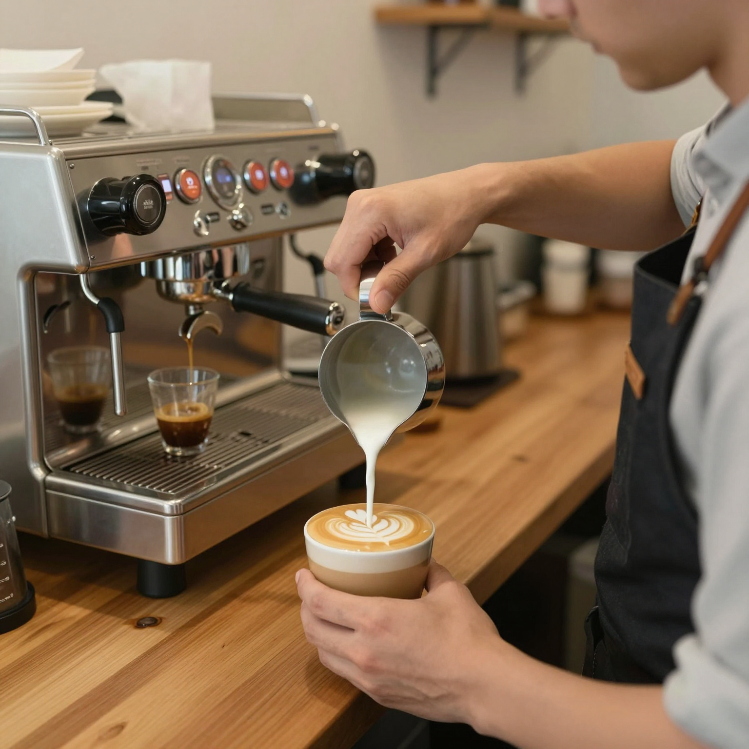 Barista pouring oat milk into a latte in a modern coffee shop