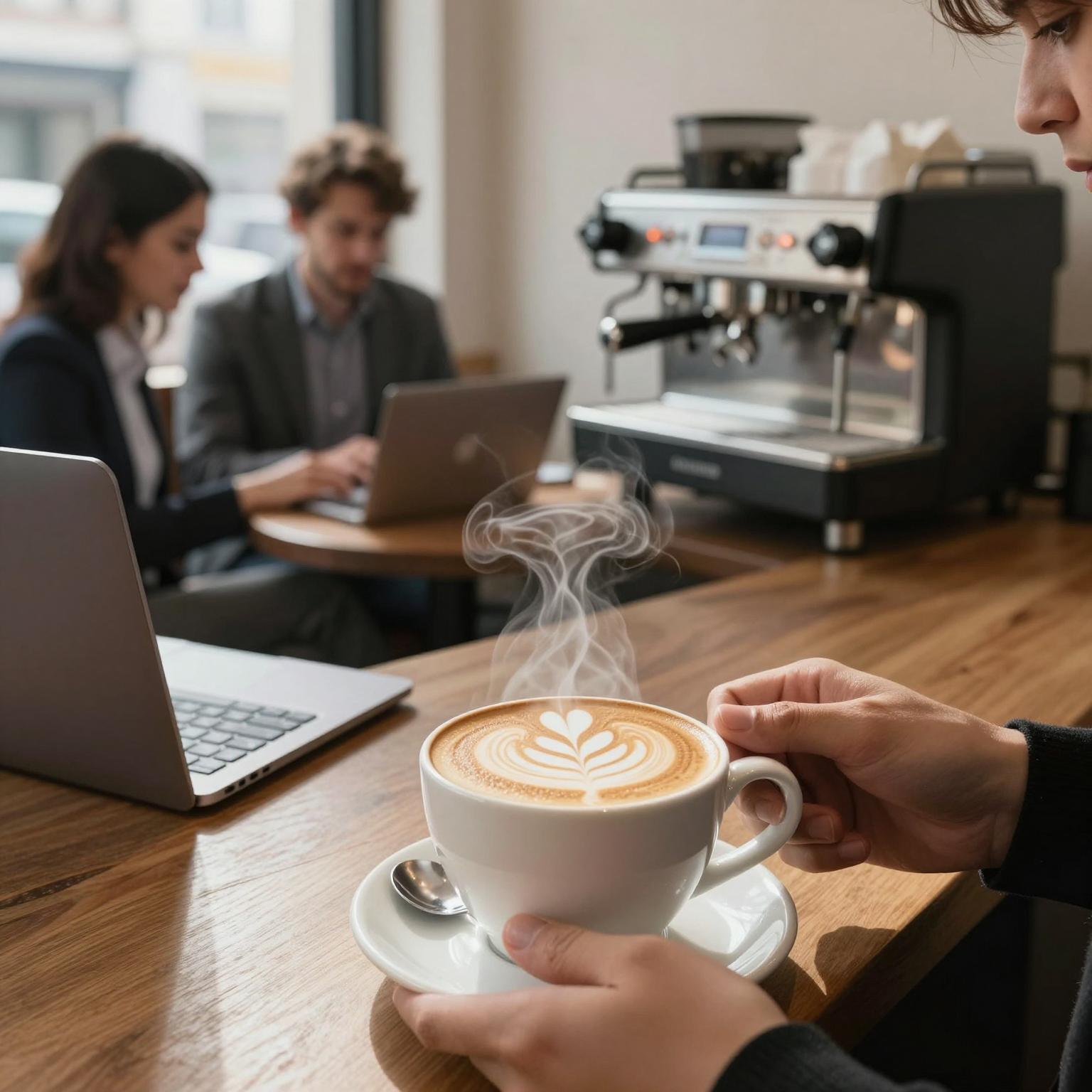 Steaming latte with espresso and milk in a cozy café setting