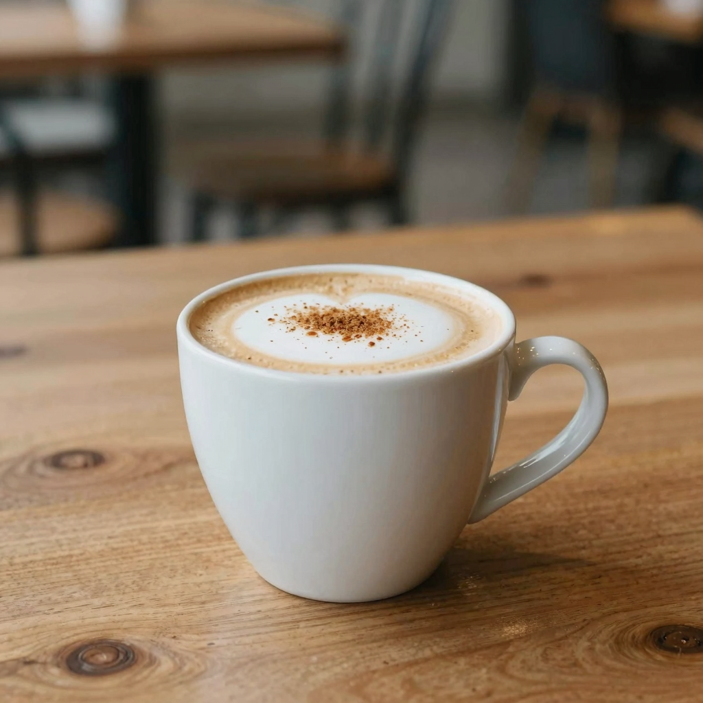 A simple cup of coffee with milk and a sweetener placed on a wooden table.