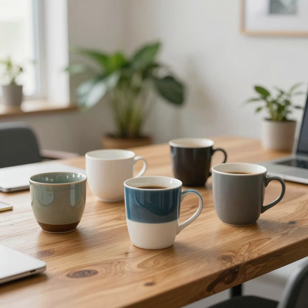 Friendly office atmosphere with coffee cups