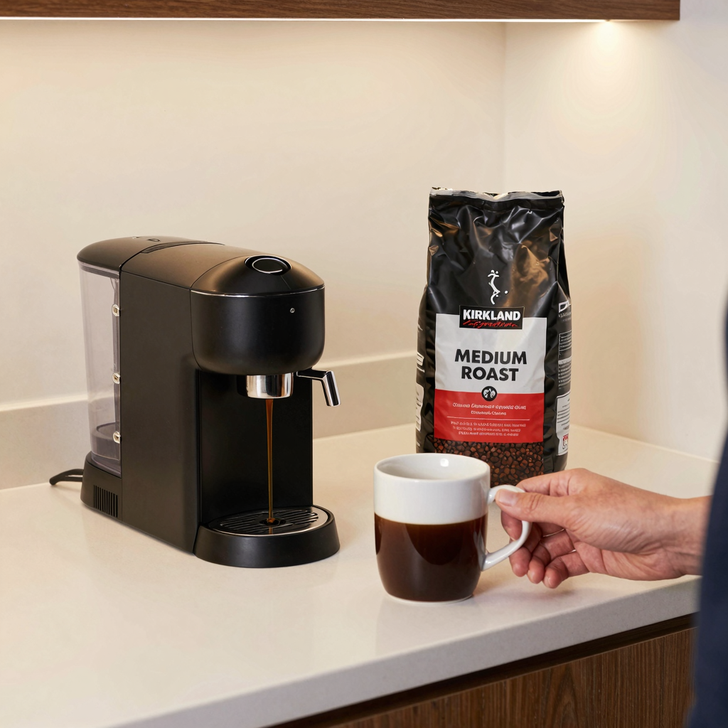A professional breakroom setup featuring Kirkland Signature Medium Roast Ground Coffee, with a drip coffee machine and a mug being filled with fresh coffee in warm, inviting lighting.