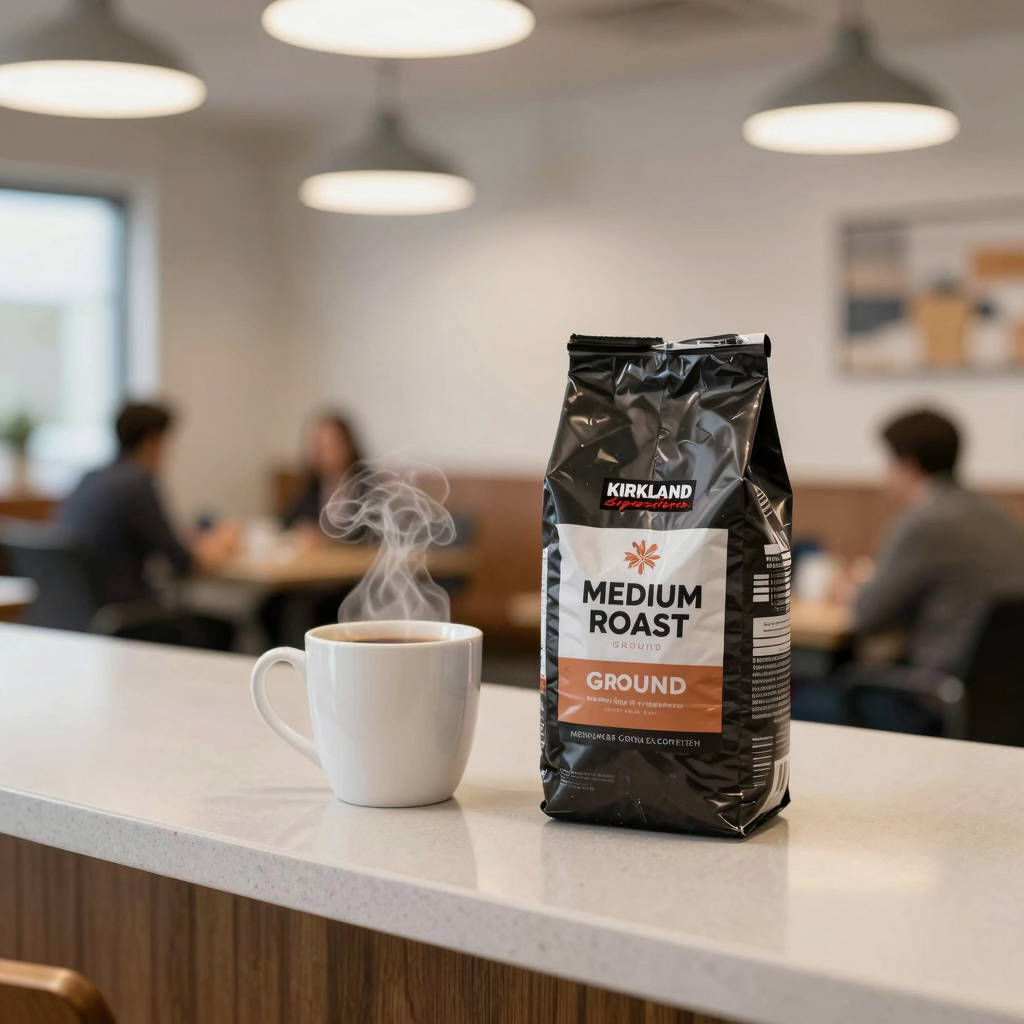 Office break room with a cup of Kirkland Signature Medium Roast coffee and the product bag on a countertop