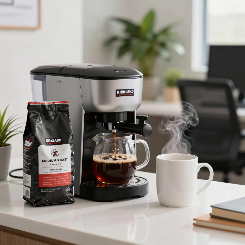 Kirkland Signature Medium Roast Ground Coffee in an office breakroom setting