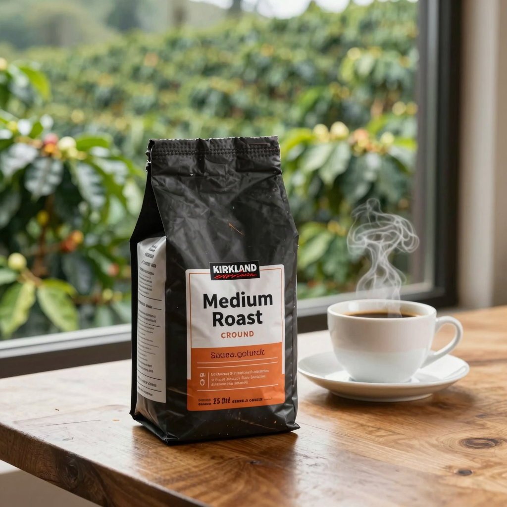 Kirkland Signature Medium Roast Ground Coffee with a steaming cup, set against a backdrop of a lush coffee plantation, representing sustainable sourcing.