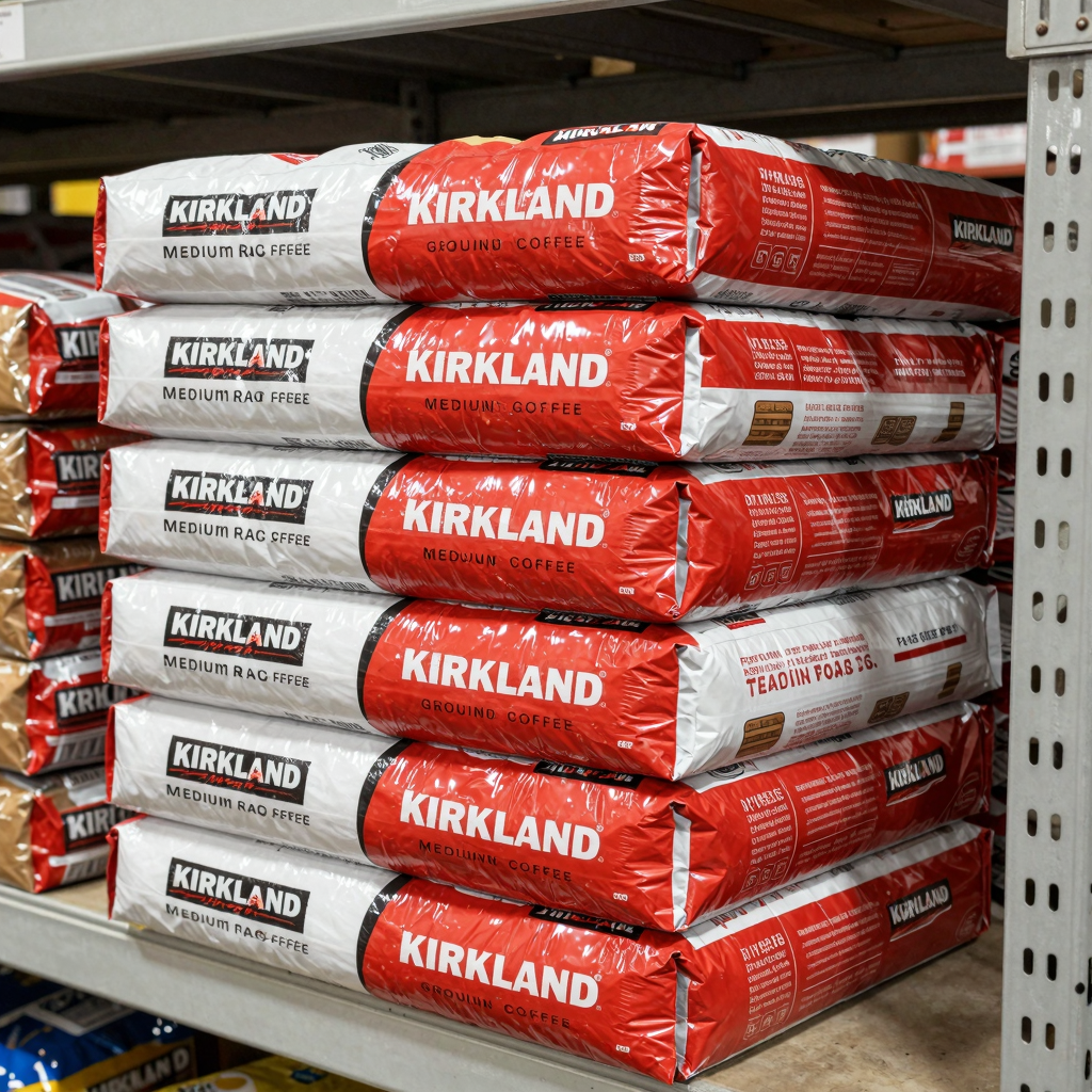 Kirkland Signature Medium Roast Ground Coffee bulk storage on warehouse shelving