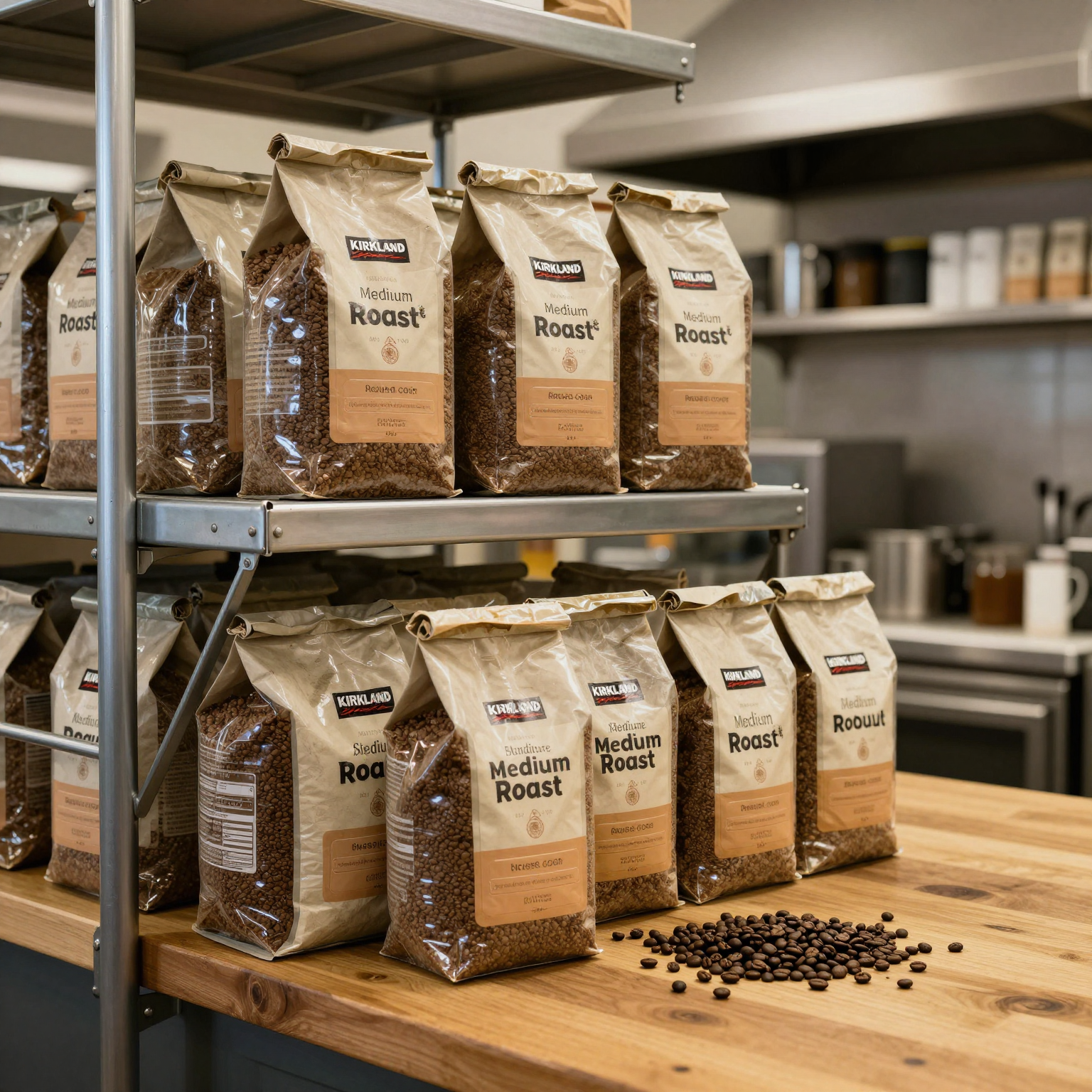 Kirkland Signature Medium Roast Ground Coffee bulk storage in a commercial kitchen