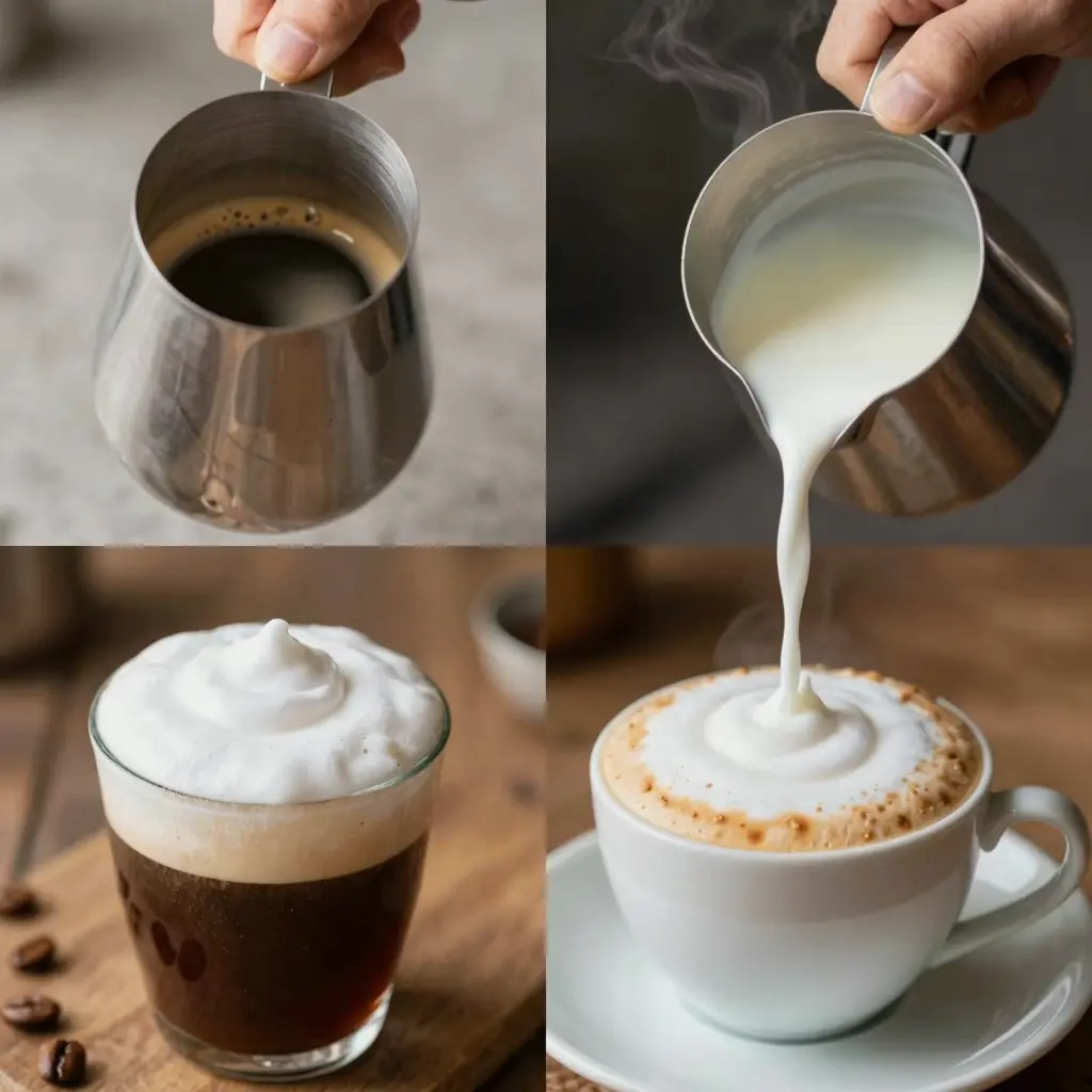 Preparation of coffee with hot milk, showcasing brewing, steaming, and final presentation.