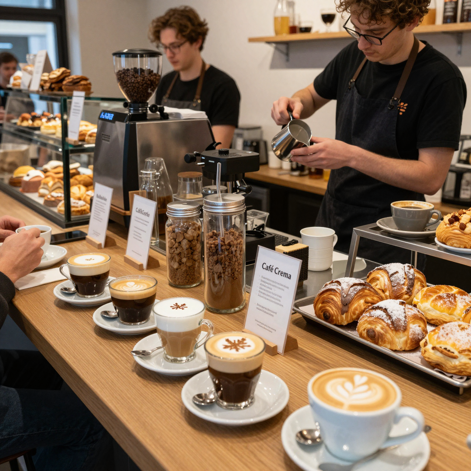 A vibrant coffee shop showcasing various coffee with milk types in Germany. Coffee Shop Scene with Milk Coffee Variety