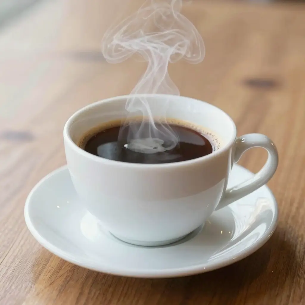 A cup of dark coffee with milk sitting on a wooden table