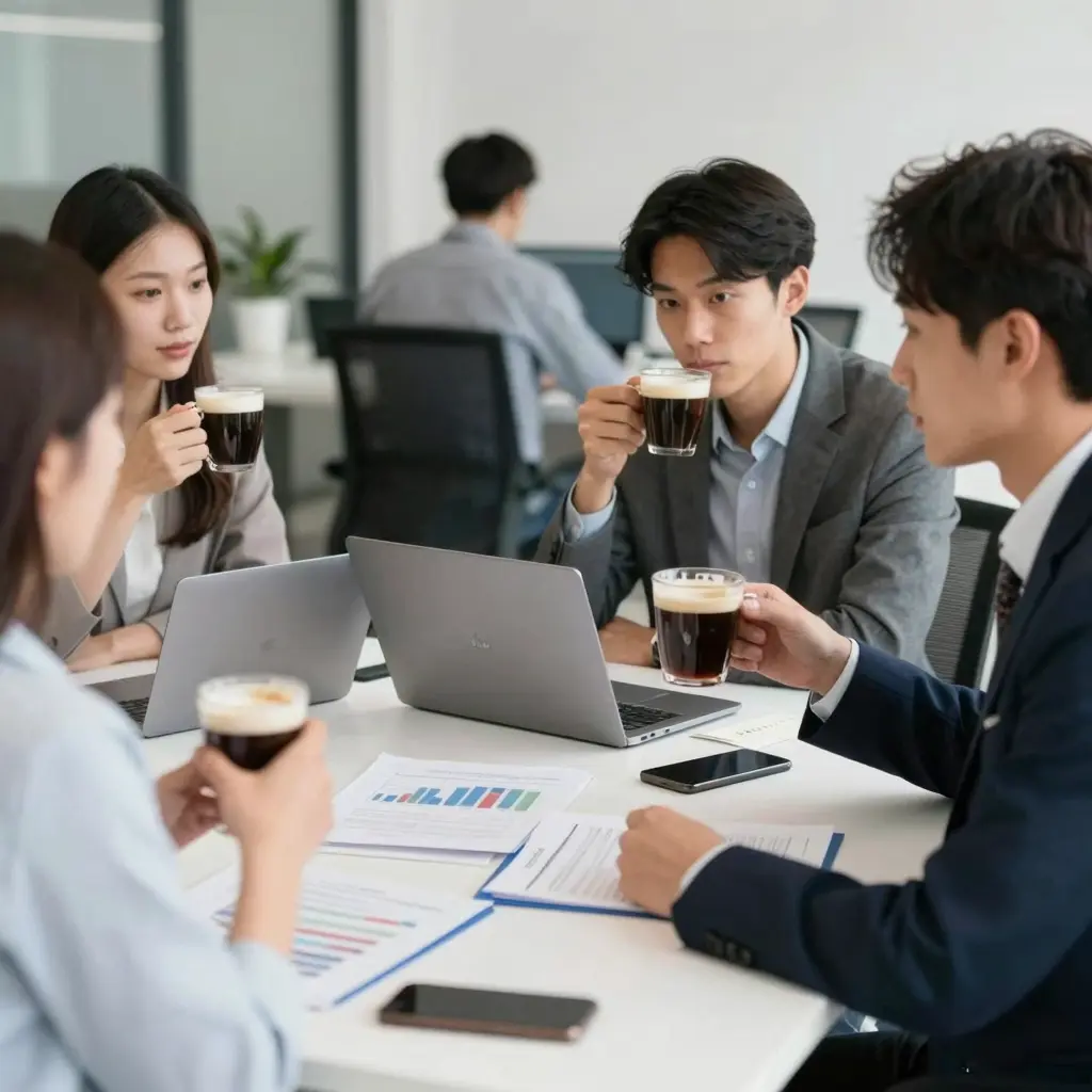 Business professionals enjoying dark coffee with milk