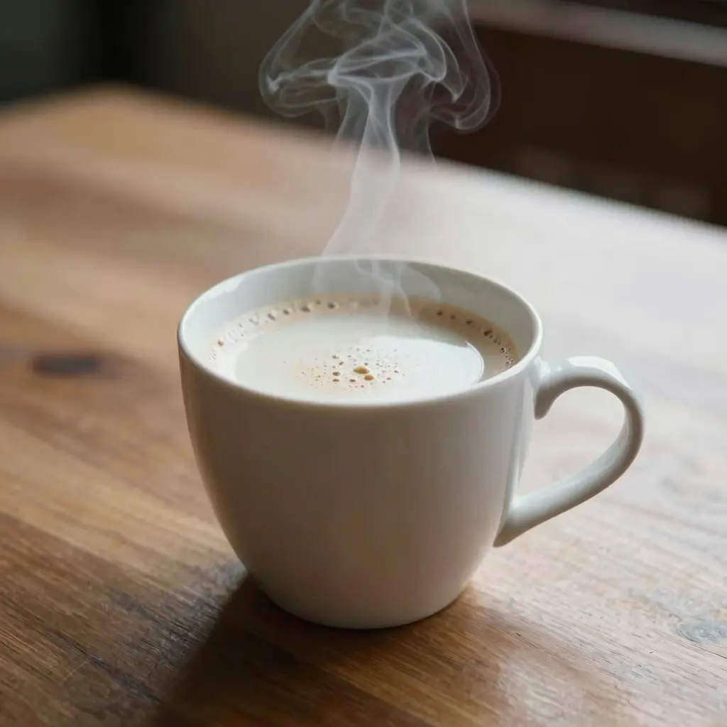 A steaming cup of hot milk coffee