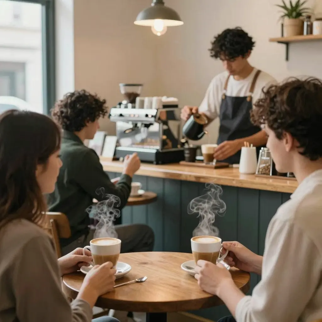 Cozy coffee shop scene showcasing customers enjoying hot milk coffee