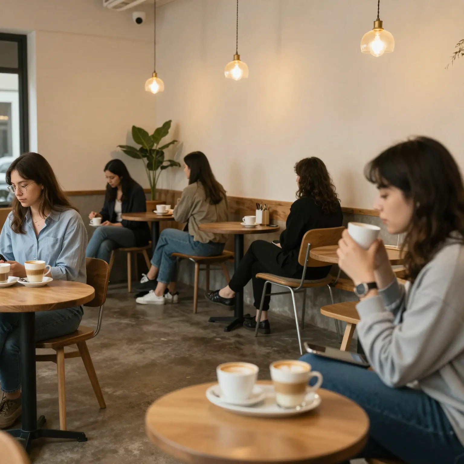 Cozy cafe atmosphere with hot milk coffee
