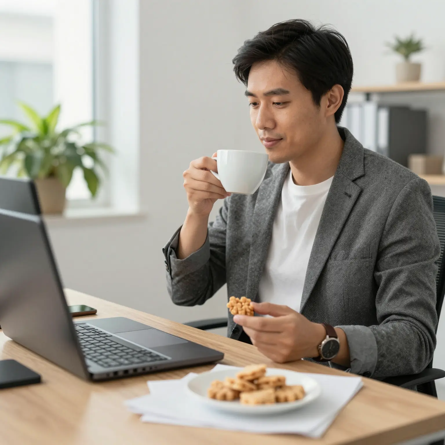 Business owner enjoying coffee with low carb snacks