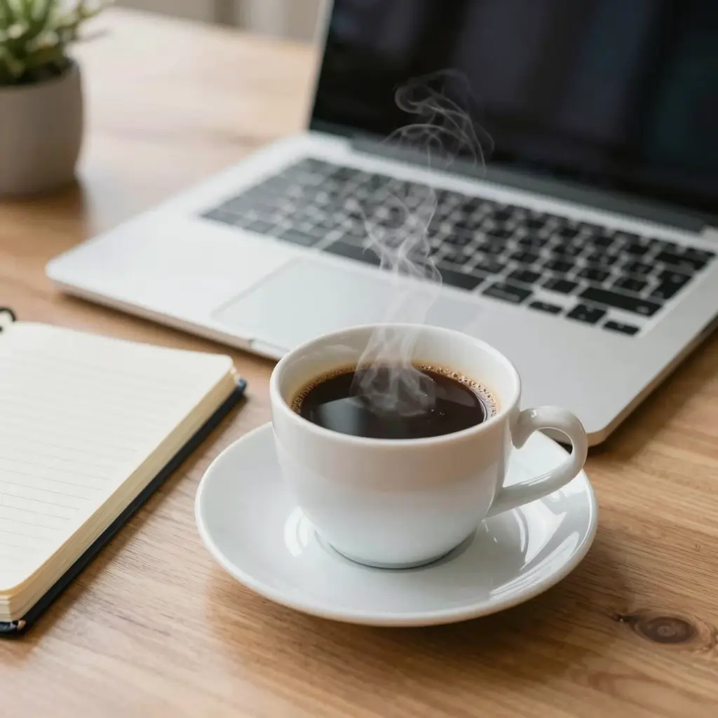A steaming cup of coffee on a business desk with a laptop