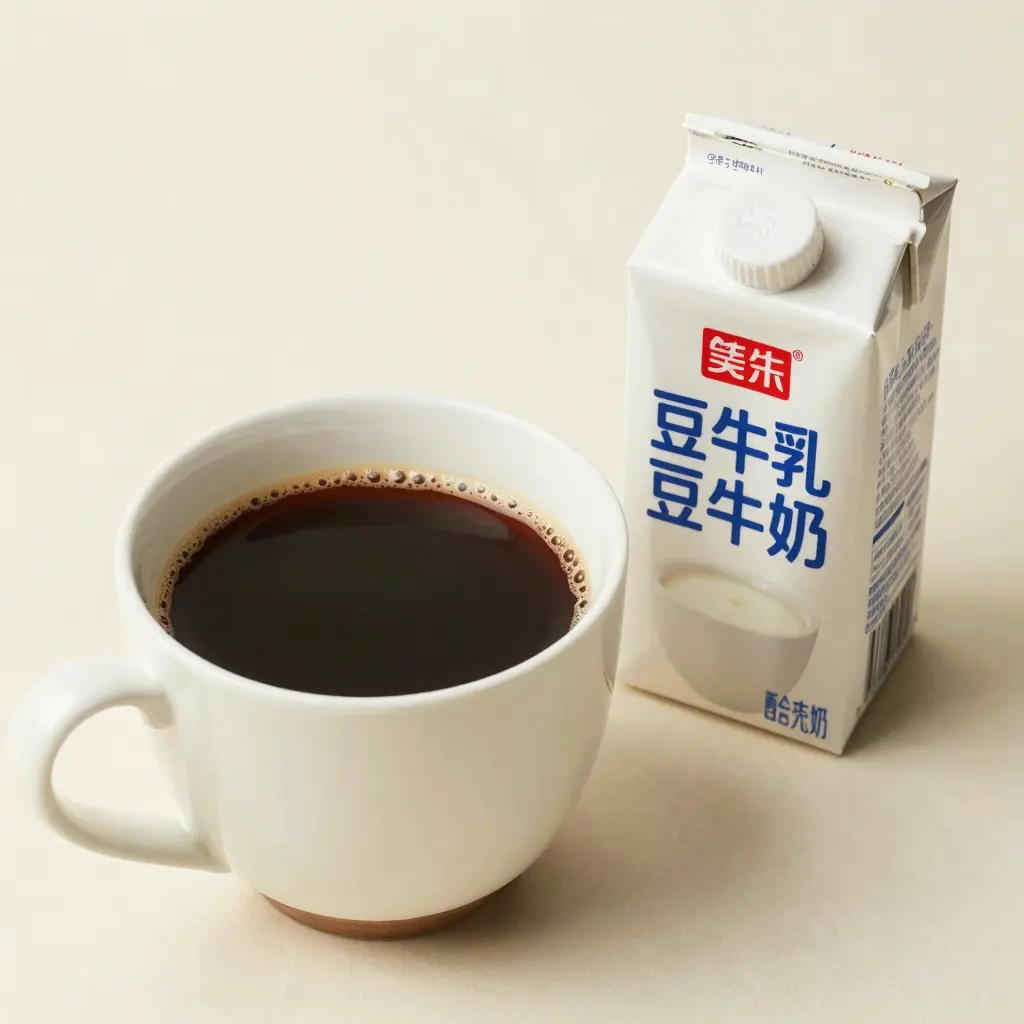 A coffee cup with soy milk beside it