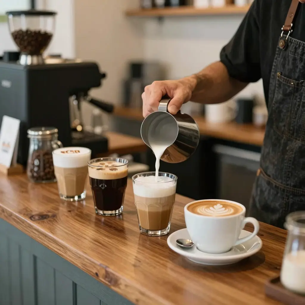 A cozy coffee shop scene featuring a barista steaming milk for coffee.