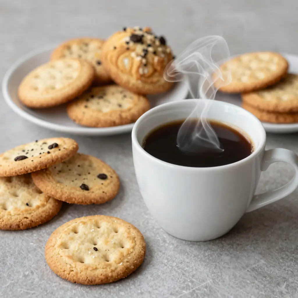 A cup of coffee next to various snacks like cookies and pastries