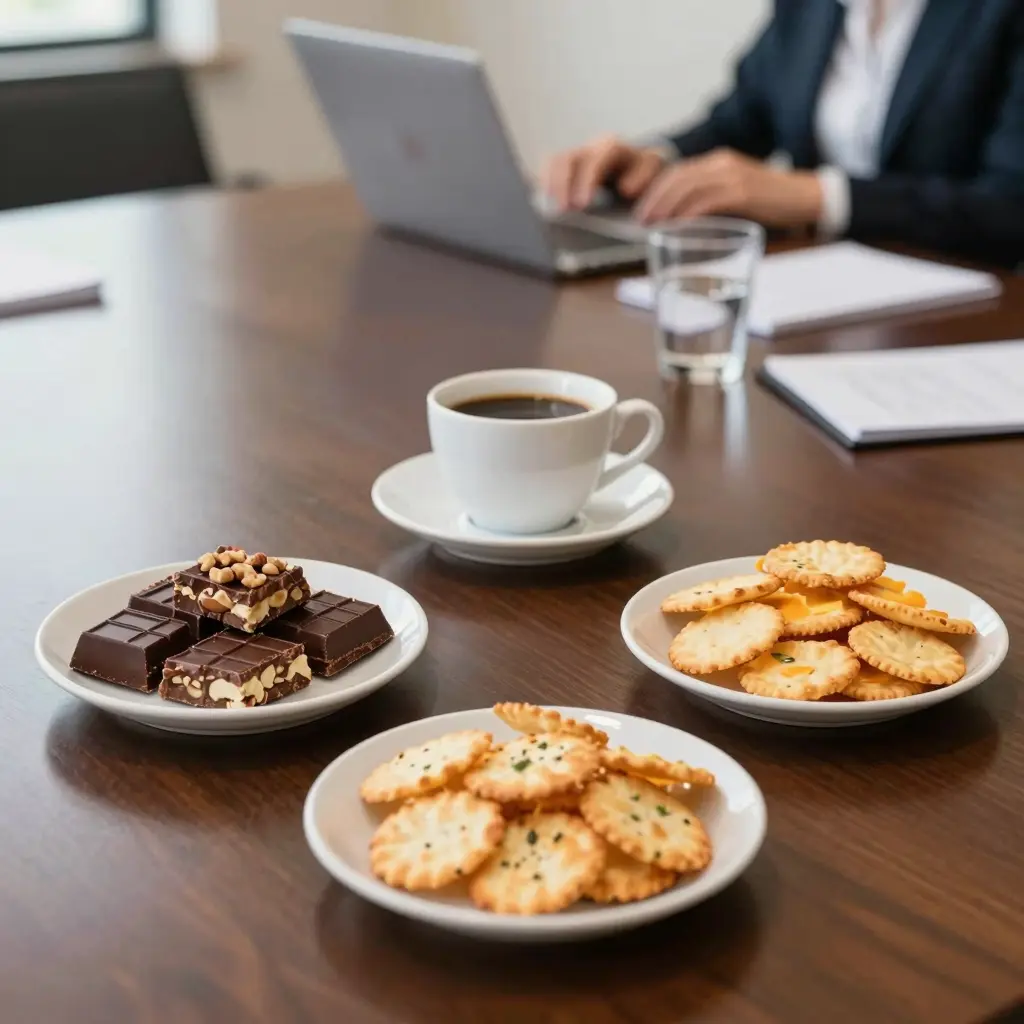An assortment of coffee and snacks on a conference room table