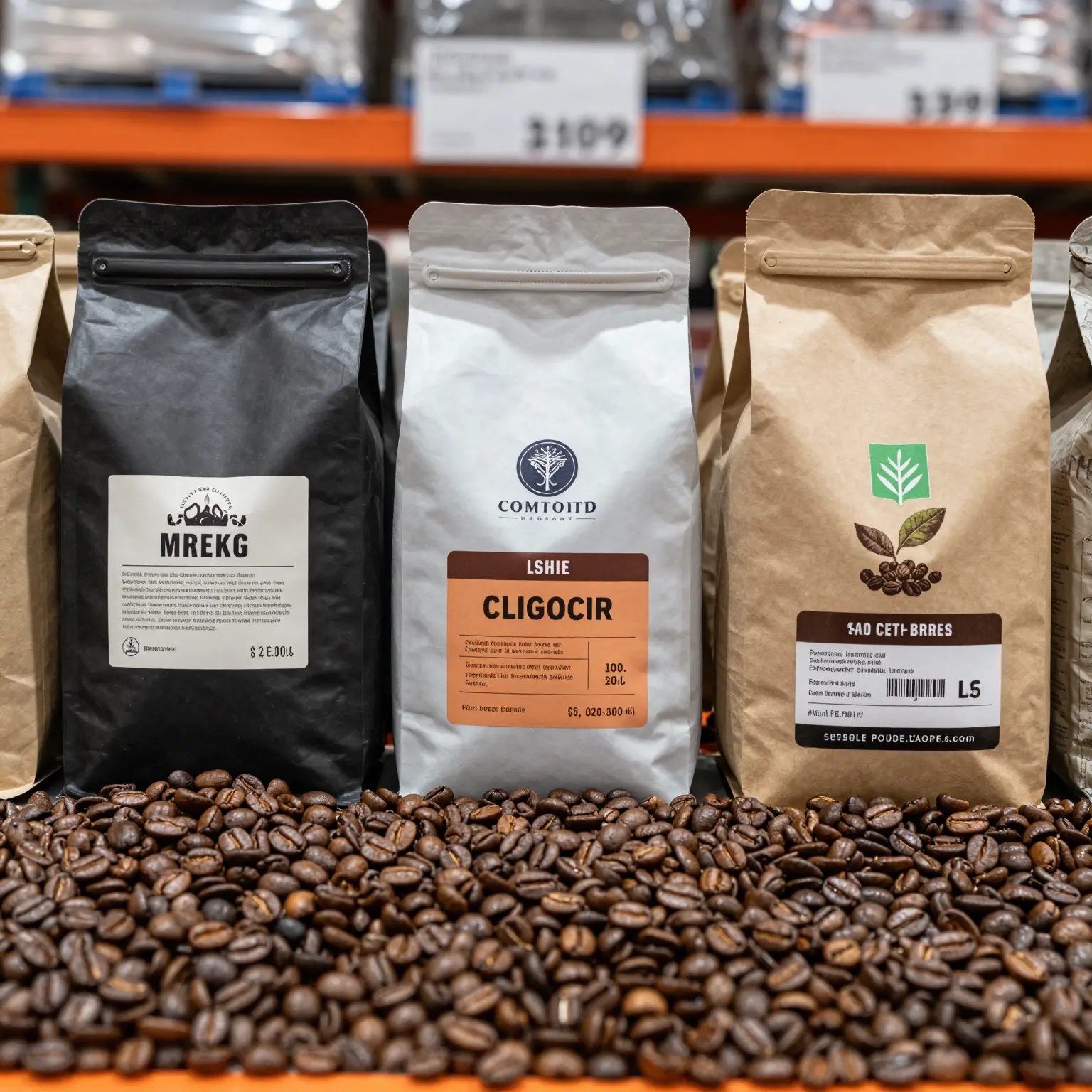 An assortment of coffee beans available at Costco