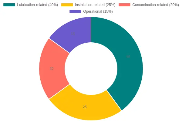 Doughnut chart titled 'Share of Seal Failure Modes by Category' showing lubrication-related 40%, installation-related 25%, contamination-related 20%, and operational 15%