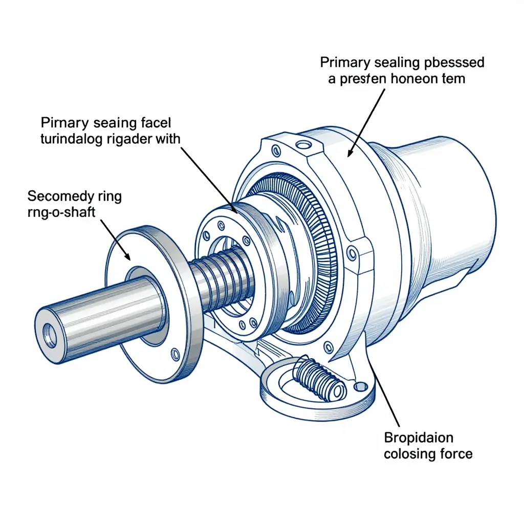 Cross-section diagram of a mechanical seal showing the rotating ring, stationary ring, primary sealing faces, secondary seals, and the thin fluid film between the faces