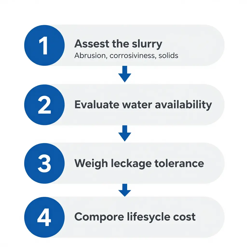 Decision framework flowchart for slurry pump seal selection: assess the slurry, evaluate water availability, weigh leakage tolerance, compare lifecycle cost