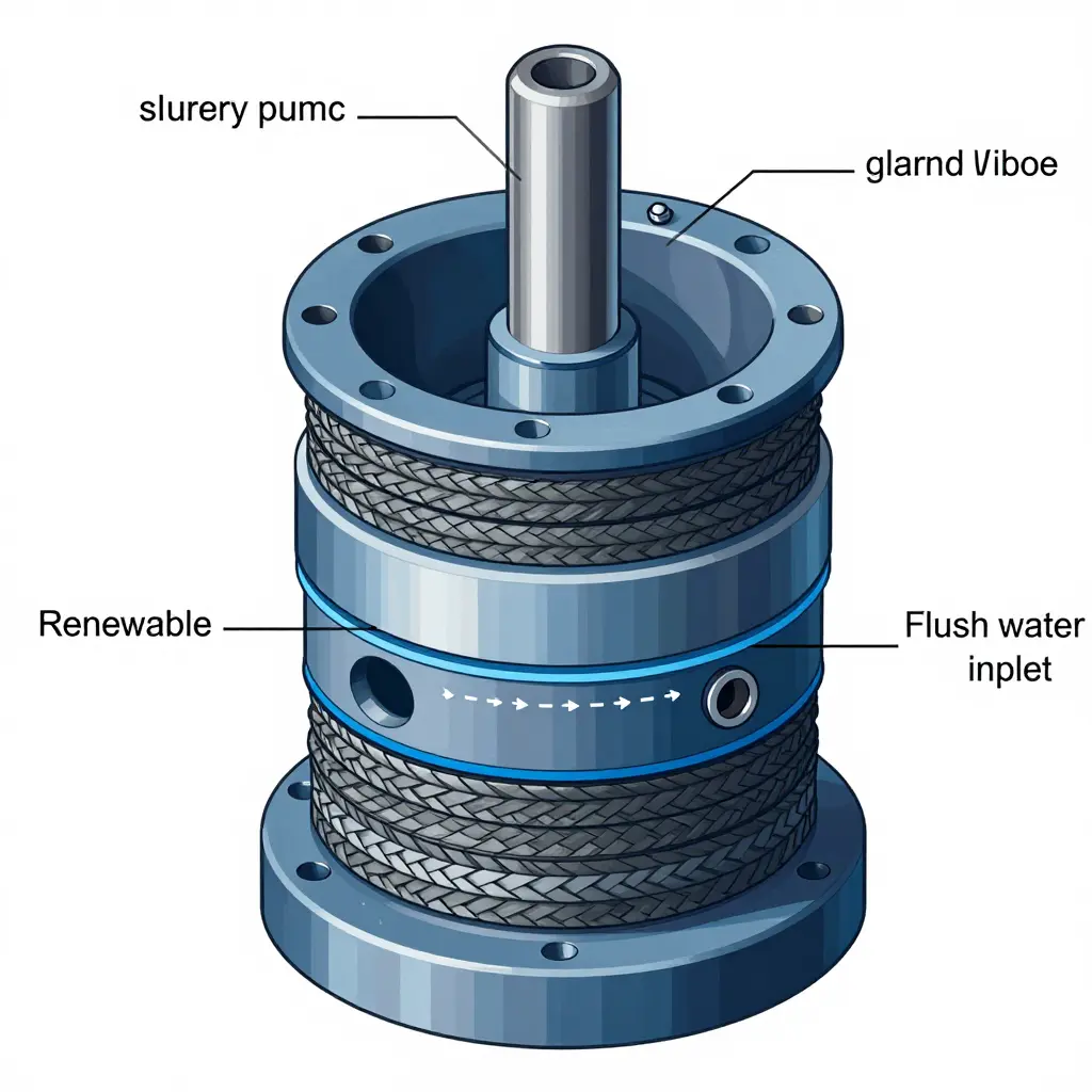 Cross-section diagram of a slurry pump stuffing box showing braided packing rings, a lantern ring, flush water distribution, and the gland follower