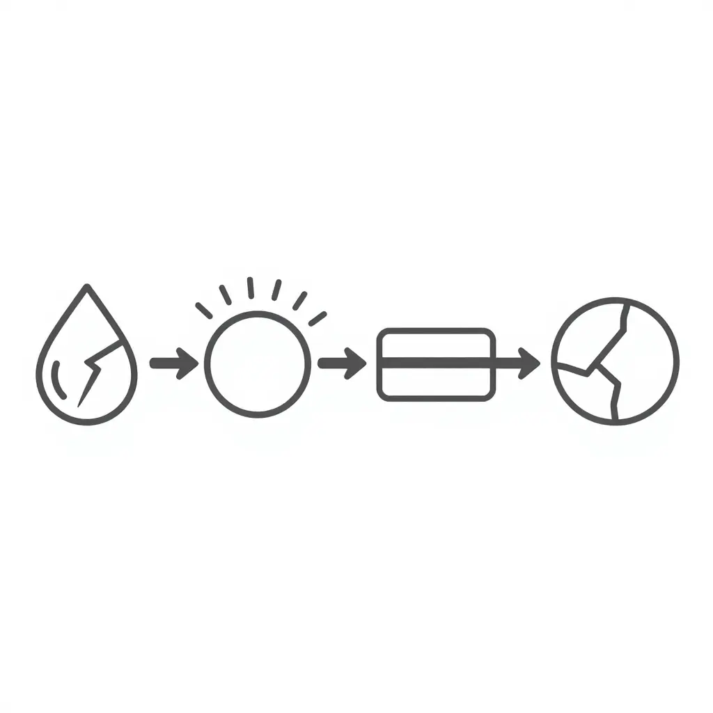 A minimalist 2D process flow diagram showing the cause-and-effect sequence from inadequate lubrication to centrifugal pump seal face damage, with simple arrow-connected shapes and no text