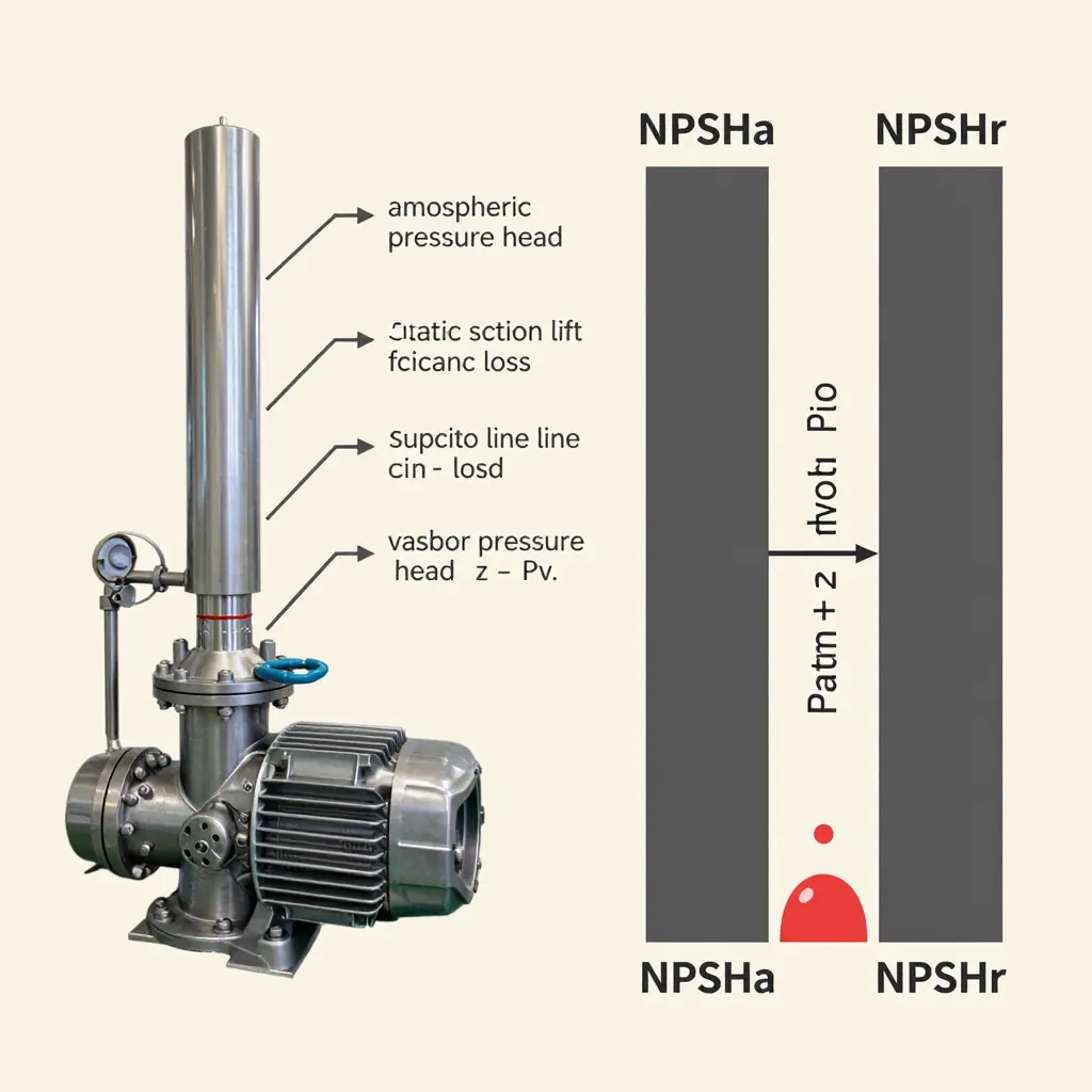 Diagram showing how suction lift, friction losses, fluid temperature, and elevation reduce NPSHa below NPSHr