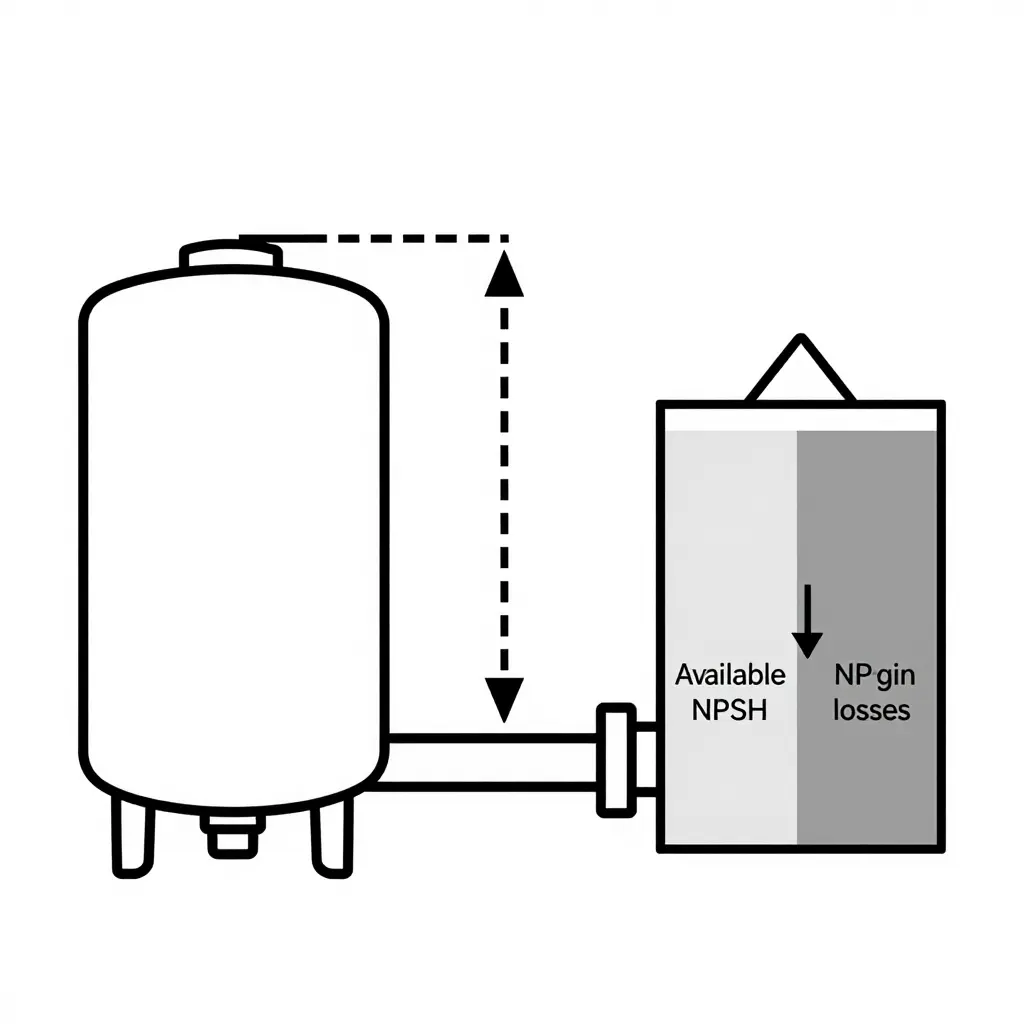 Simple 2D schematic diagram of a food plant CIP suction line showing the supply tank, the pump, a vertical indicator for suction lift distance, and a separate shaded region representing the available NPSH margin