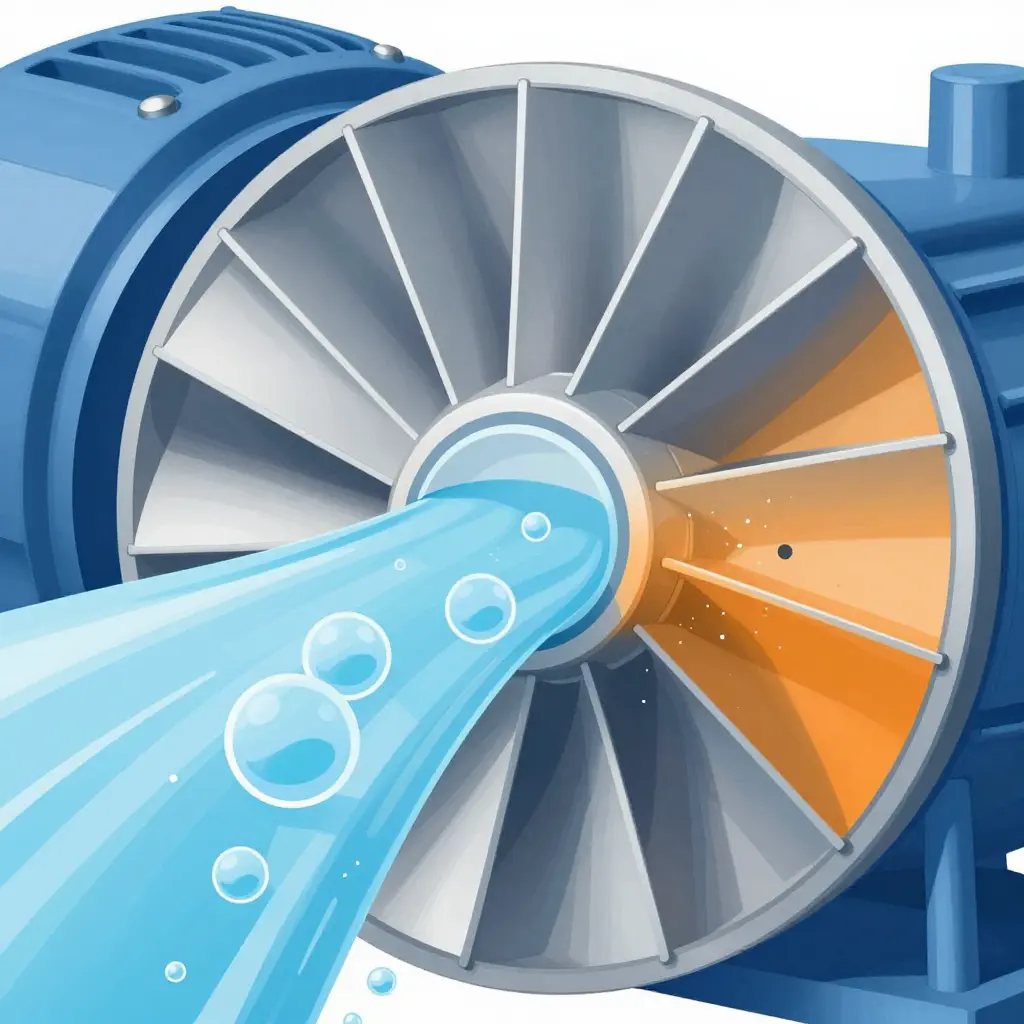 Cutaway diagram of cavitation inside a CIP pump impeller, showing vapor bubble formation on the suction side and violent collapse against the vane surface