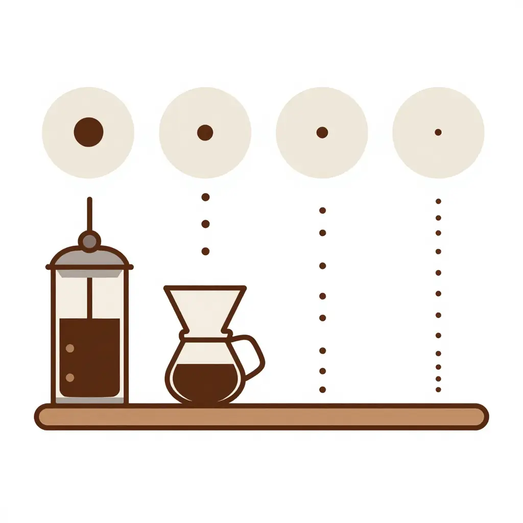 Flat 2D diagram showing coffee grind size on a spectrum from coarse to fine, aligned with French press, drip, pour-over, and espresso brewing methods